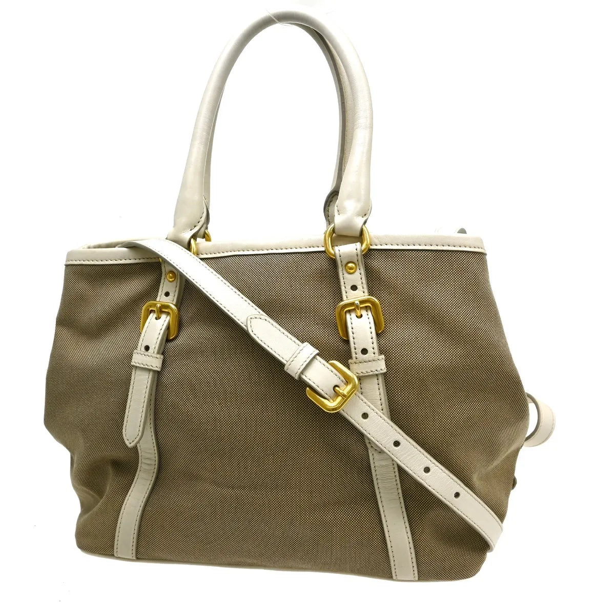 Prada Open Tote Canvas with Leather, Beige, Canvas, Handbag