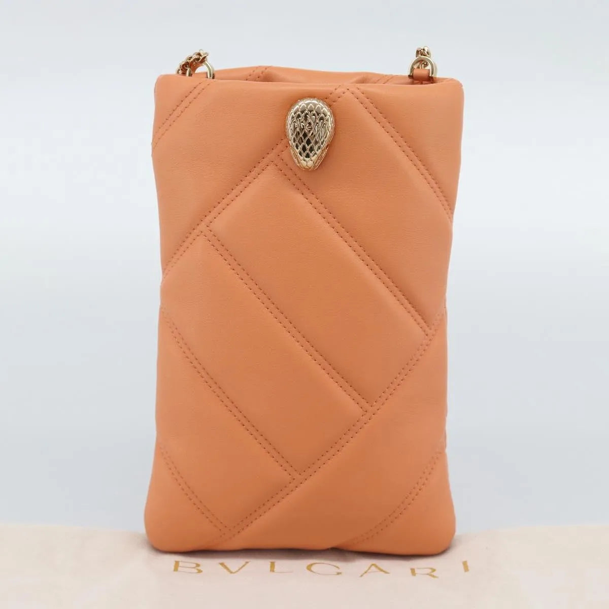 Bvlgari Serpenti Cabochon Phone Holder on Chain Diagonal Quilted Leather, Orange, Leather, Clutch