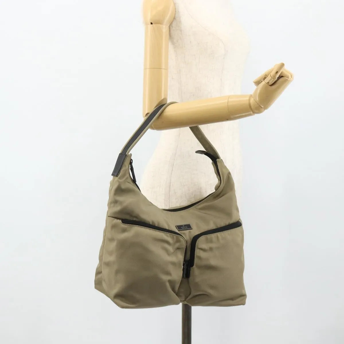 Gucci Double Pocket Hobo Nylon, Beige, Nylon, Shoulder Bag