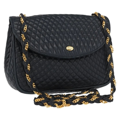 Bally Vintage Chain Quilted Leather, Navy, Leather, Shoulder Bag