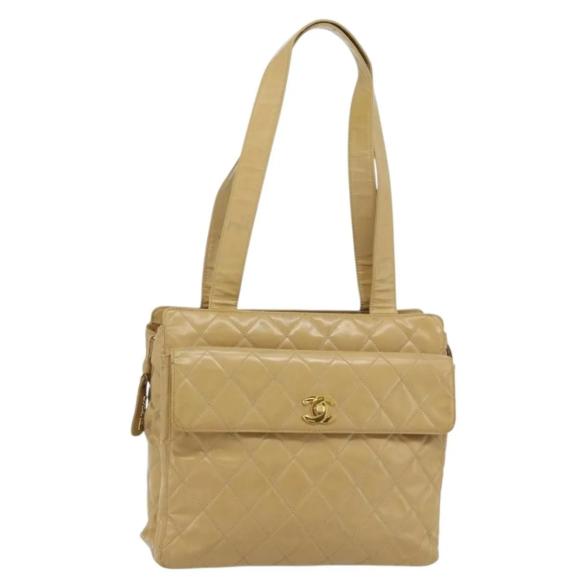Chanel Vintage Front Pocket Leather, Beige, Patent Leather, Shoulder Bag