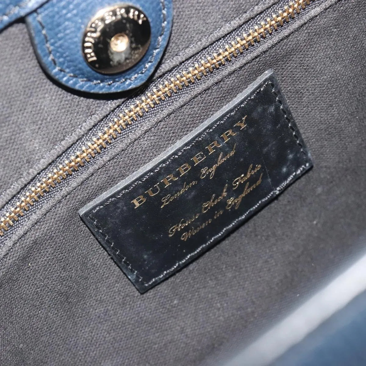 Burberry Banner Tote Leather and House Check Canvas, Navy, Leather, Handbag