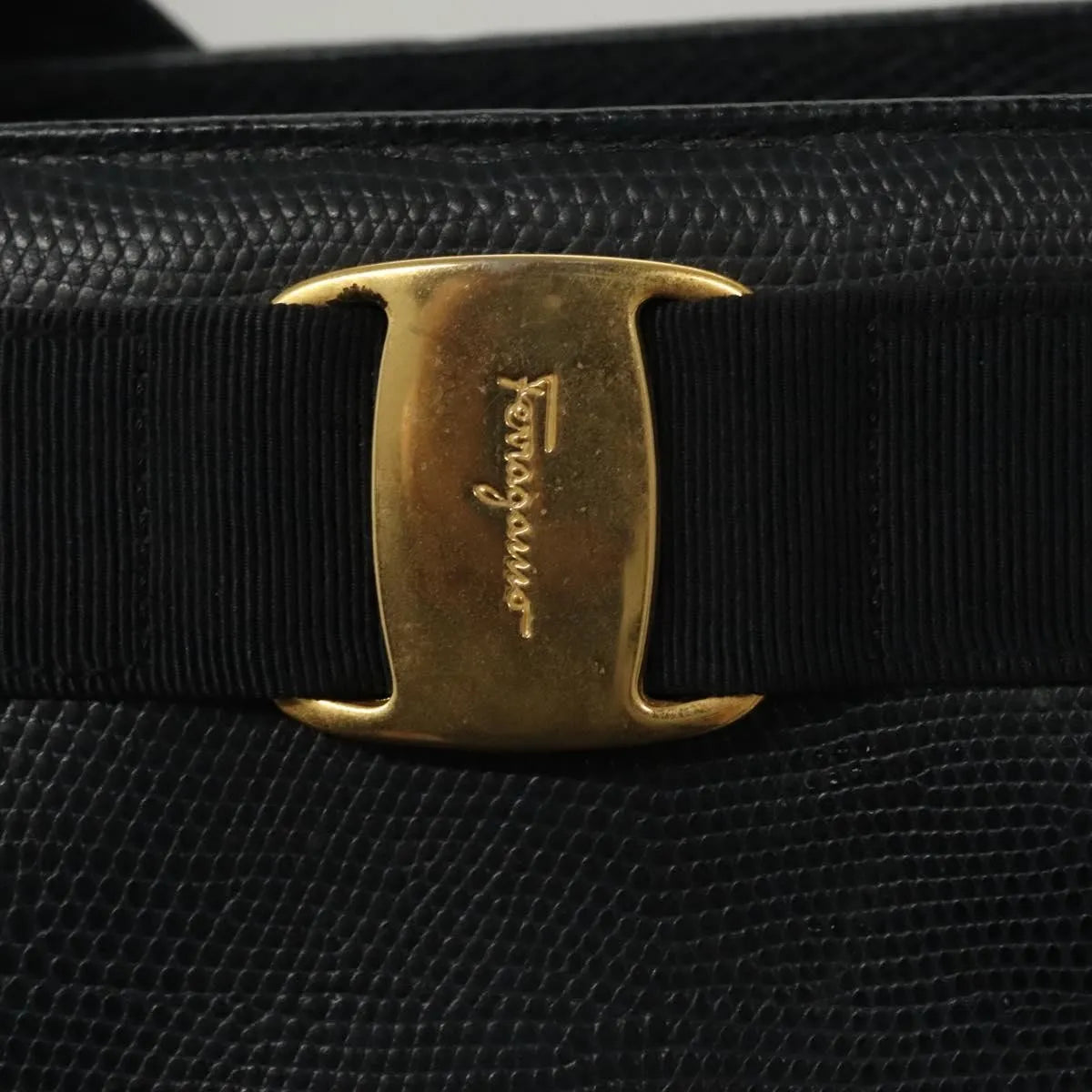 Salvatore Ferragamo Vintage Vara Bow Tote Lizard Embossed Leather, Navy, Leather, Tote Bag