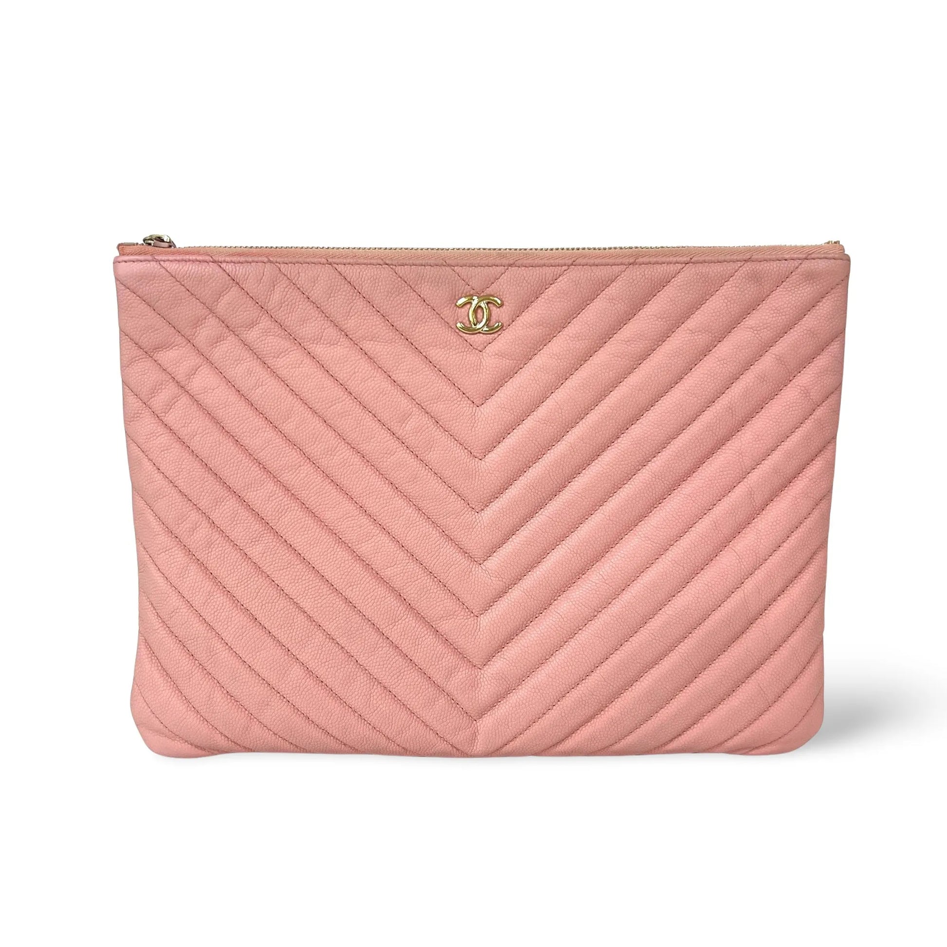 Chanel O Case Clutch Chevron Caviar, Pink, Leather, Clutch