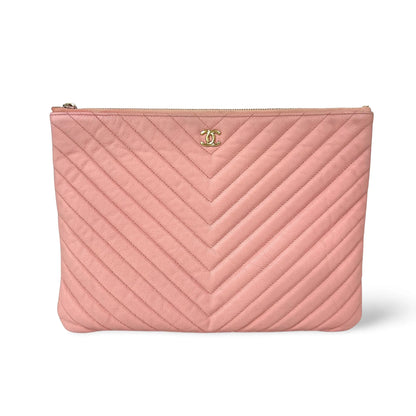 Chanel O Case Clutch Chevron Caviar, Pink, Leather, Clutch