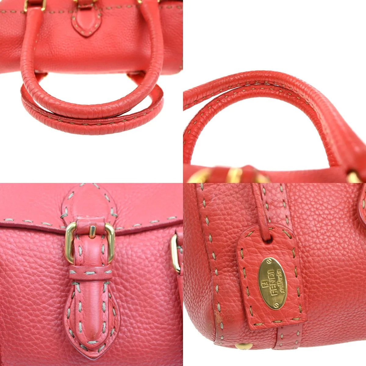 Fendi Selleria Linda Satchel Pebbled Leather, Red, Leather, Handbag