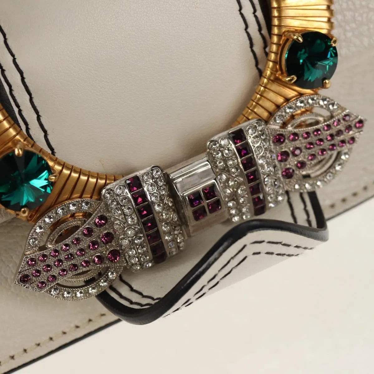 Miu Miu Madras Crystal Buckle Leather, White, Leather, Shoulder Bag