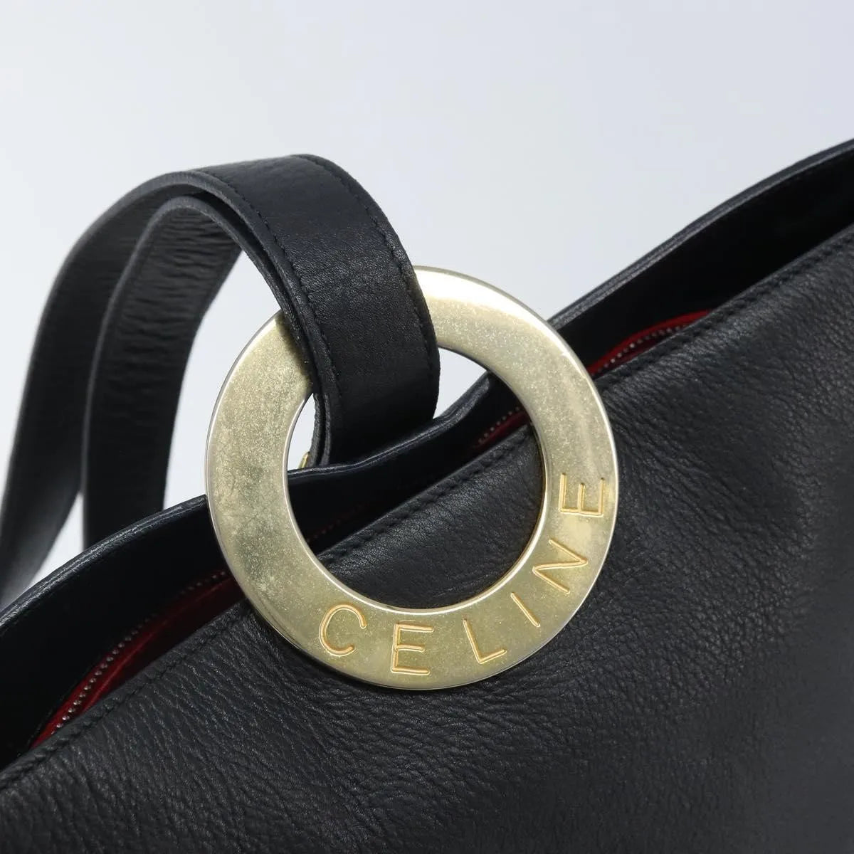 Celine Circle Logo Leather, Black, Leather, Handbag