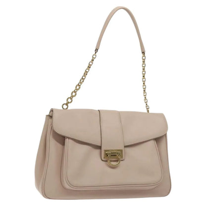 Salvatore Ferragamo Gancini Chain Leather, Beige, Leather, Shoulder Bag