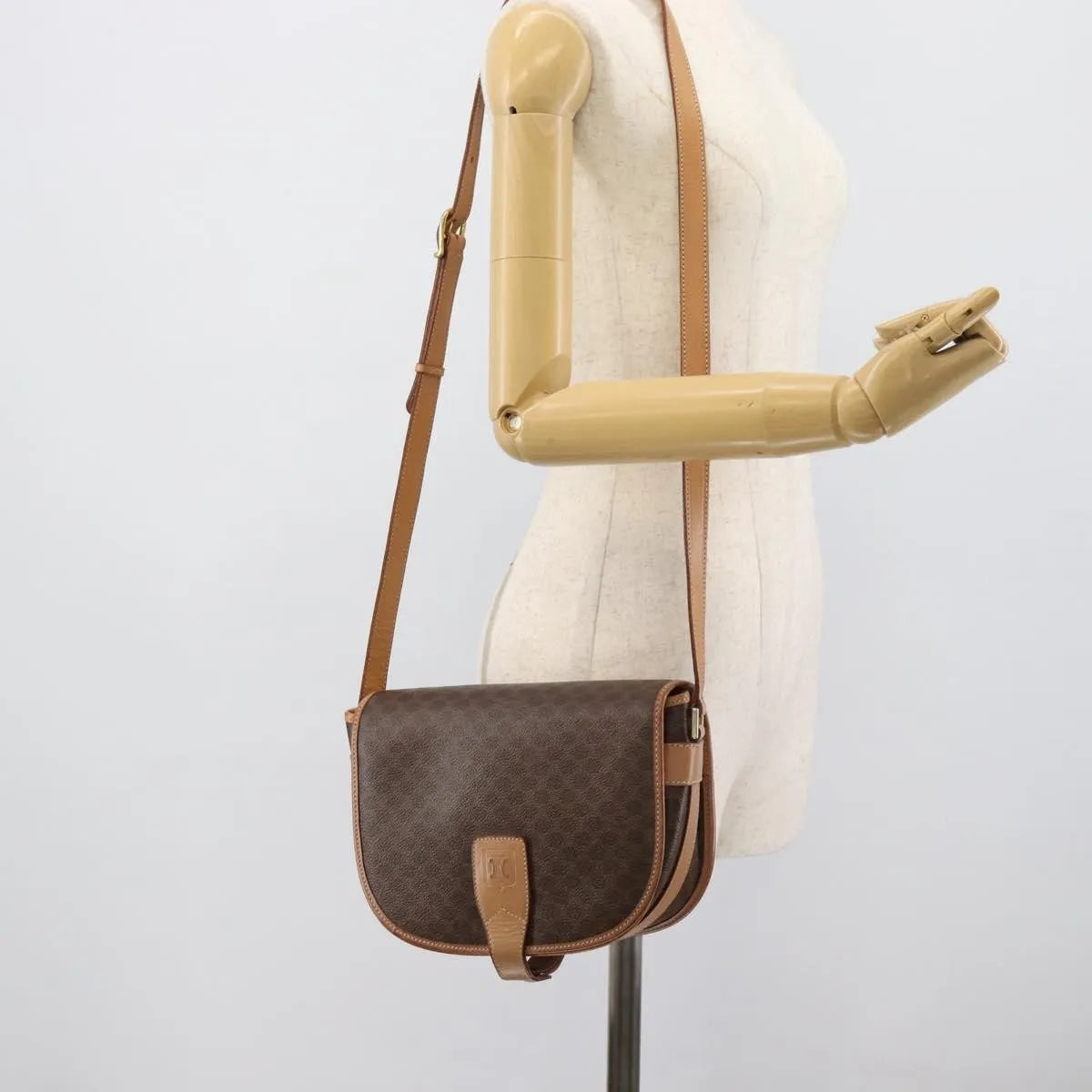 Celine Vintage Macadam Canvas and Leather, Brown, Canvas, Shoulder Bag