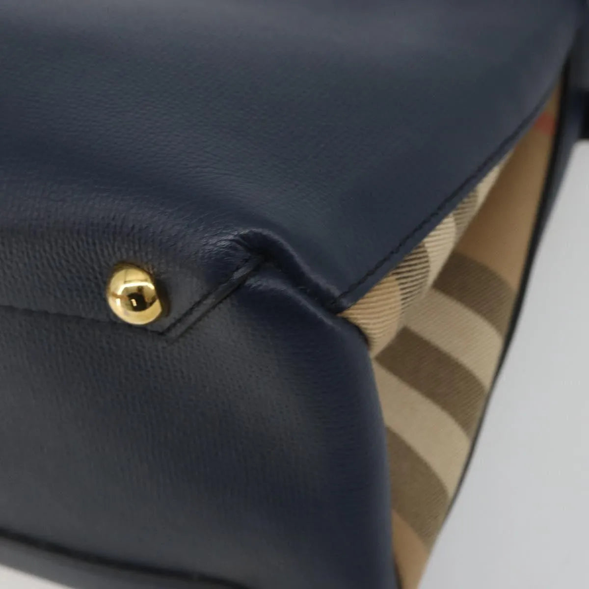 Burberry Banner Tote Leather and House Check Canvas, Navy, Leather, Handbag