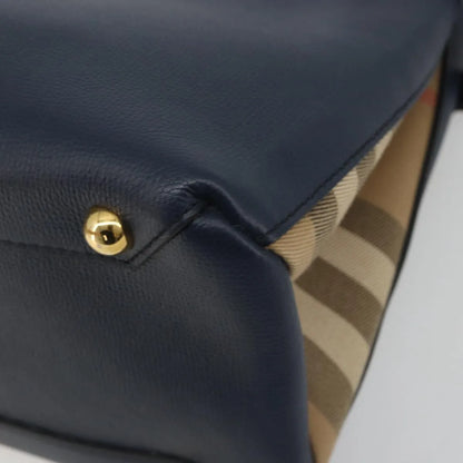 Burberry Banner Tote Leather and House Check Canvas, Navy, Leather, Handbag