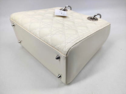 Christian Dior Lady Dior Cannage Quilt Patent, White, Leather, Handbag