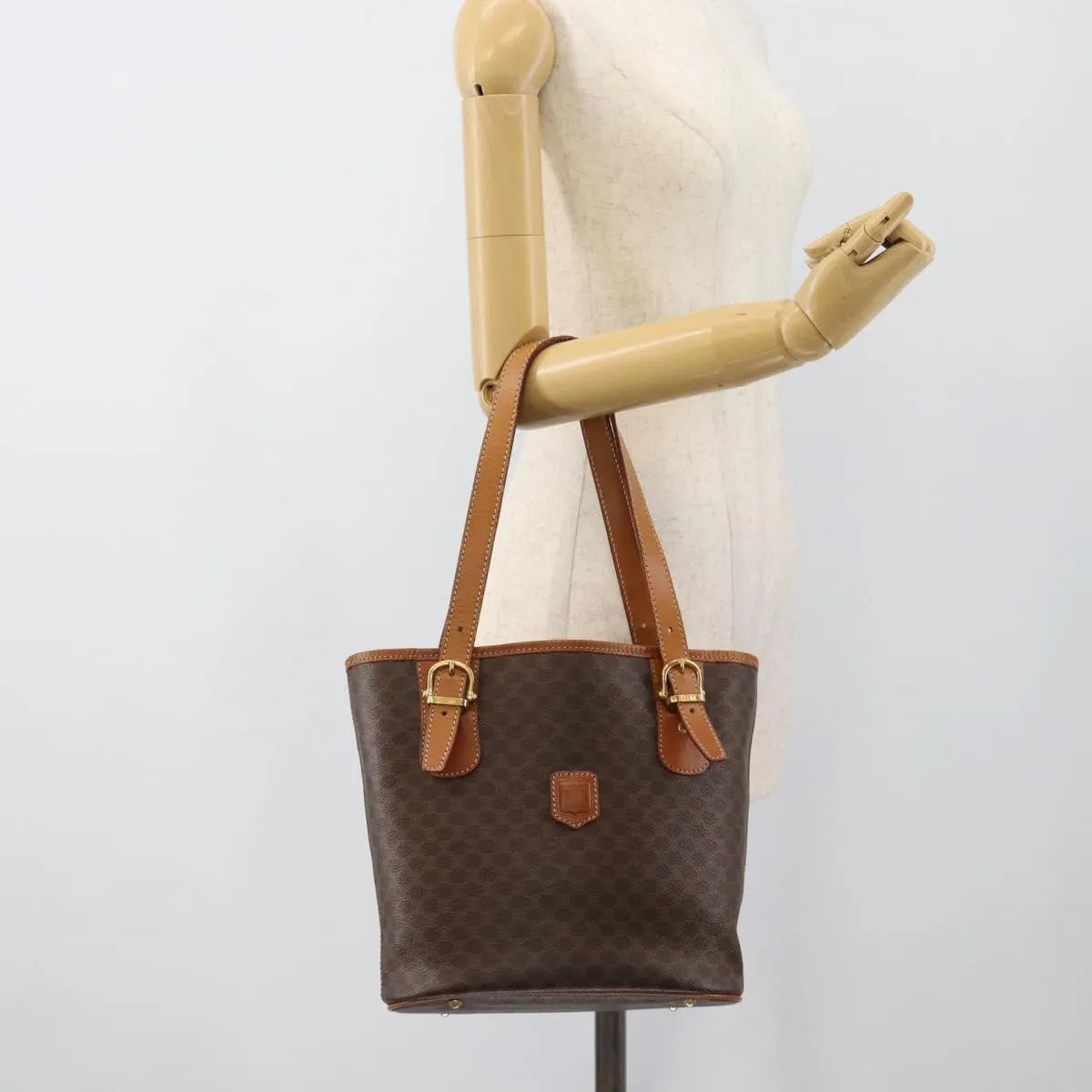 Celine Vintage Macadam Canvas and Leather, Brown, Canvas, Tote Bag