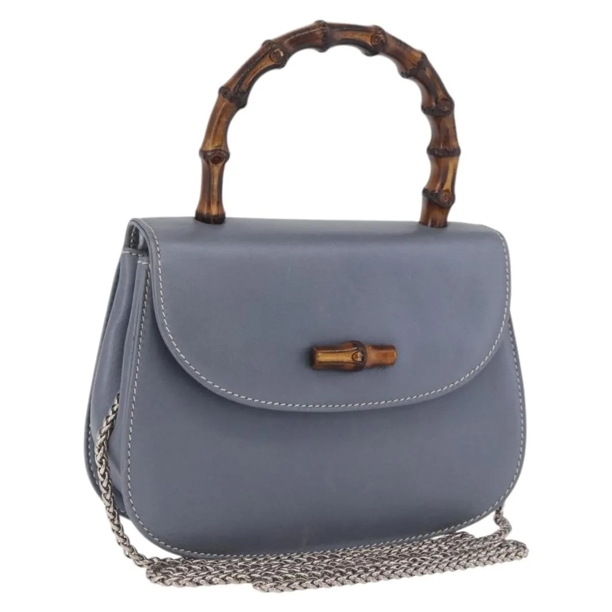 Gucci Vintage Convertible Bamboo Top Handle Leather, Blue, Leather, Handbag