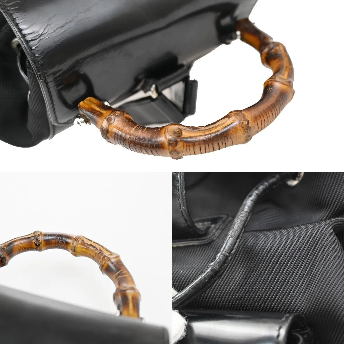 Gucci Vintage Bamboo Nylon and Patent Leather, Black, Nylon, Backpack