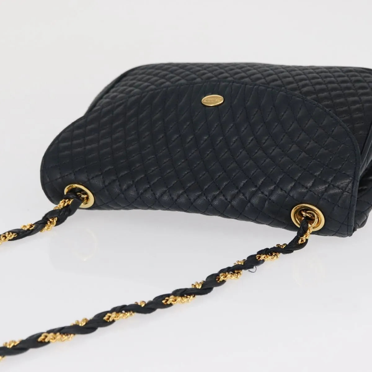 Bally Vintage Chain Quilted Leather, Navy, Leather, Shoulder Bag