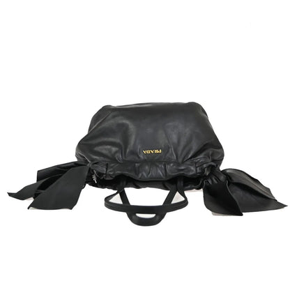 Prada Bow Tie Pleated Tote Leather, Black, Leather, Shoulder Bag