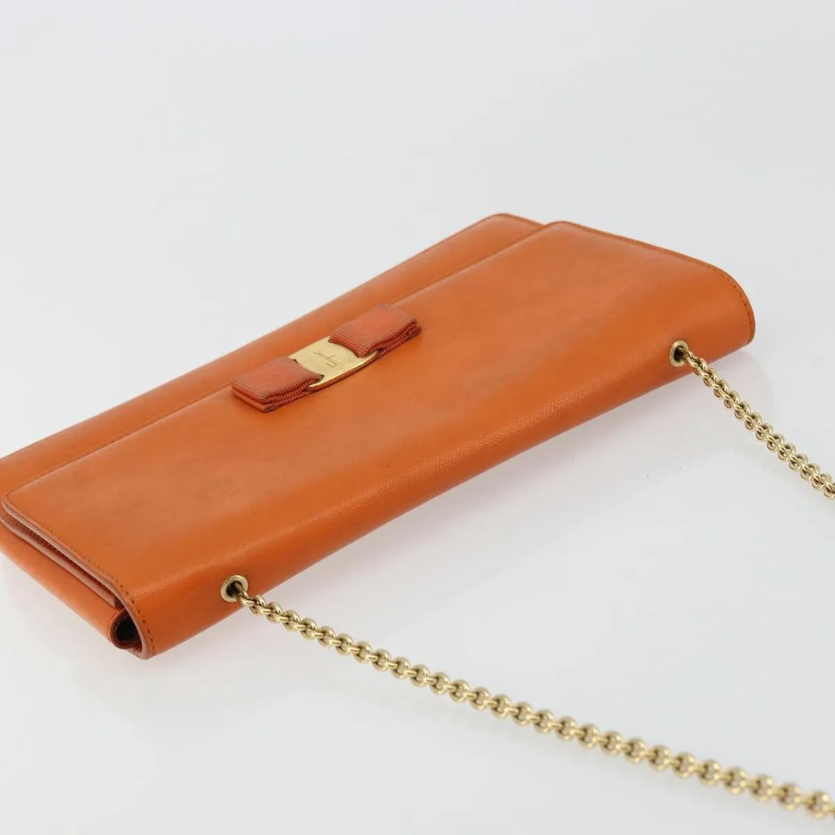Salvatore Ferragamo Vara Bow Chain Clutch Leather, Orange, Leather, Shoulder Bag