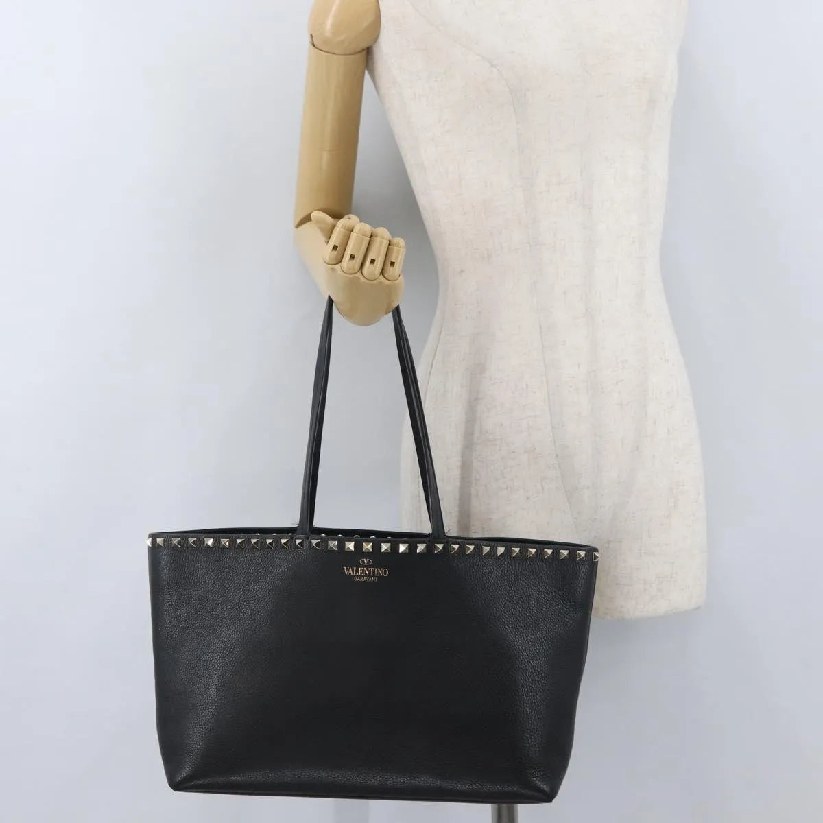 Valentino Garavani Rockstud Shopping Tote Leather, Black, Leather, Tote Bag