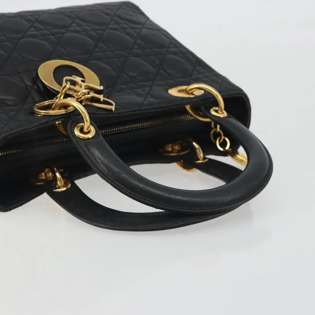 Christian Dior Vintage Lady Dior Cannage Quilt Lambskin, Black, Leather, Handbag