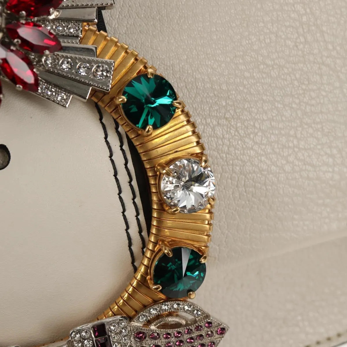 Miu Miu Madras Crystal Buckle Leather, White, Leather, Shoulder Bag