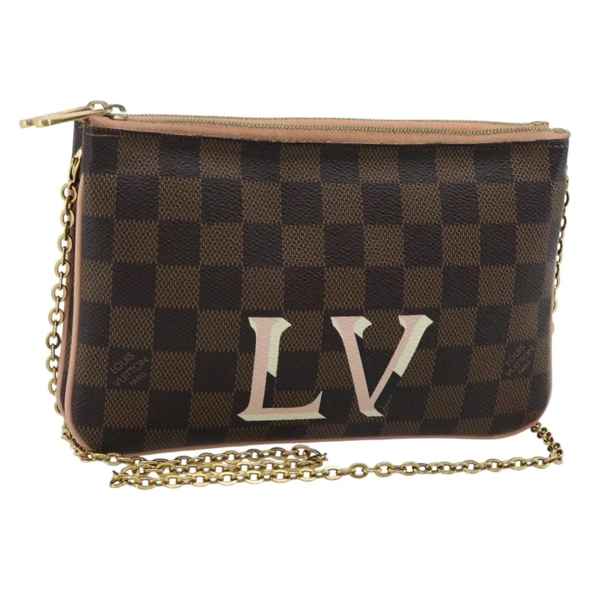 Louis Vuitton Double Zip Pochette Damier, Brown, Canvas, Clutch