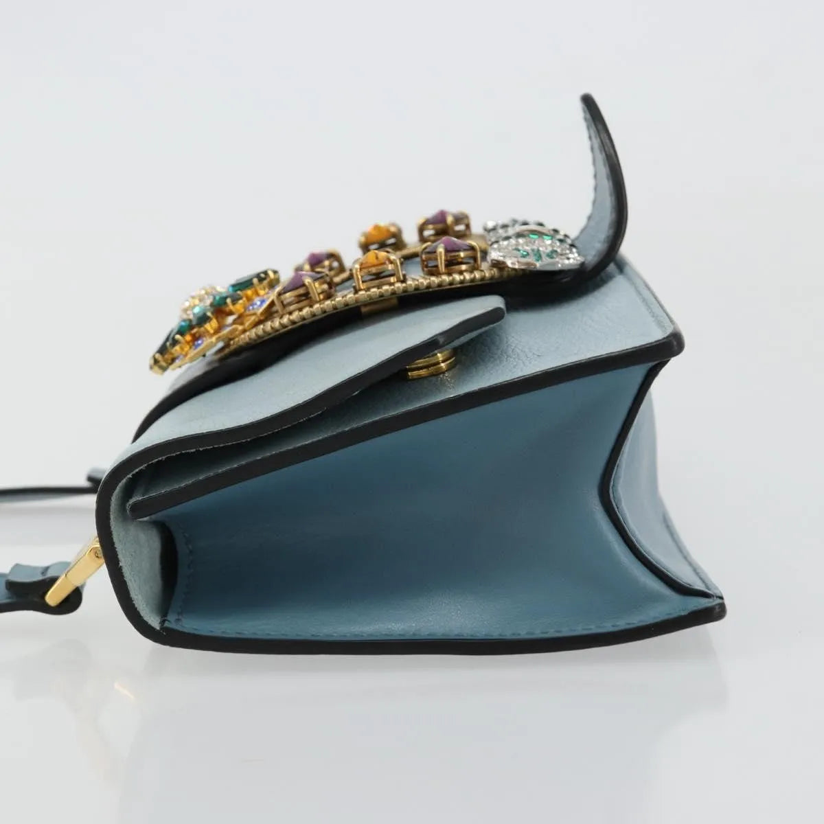 Miu Miu Madras Crystal Buckle Leather, Blue, Leather, Shoulder Bag