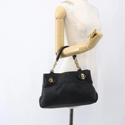 Salvatore Ferragamo W Chain Tote Leather, Black, Leather, Handbag