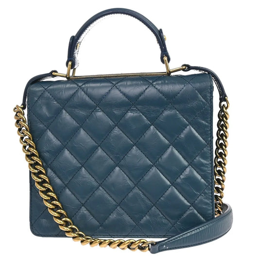 Chanel Rita Top Handle Flap Quilted Aged Calfskin, Blue, Leather, Shoulder Bag
