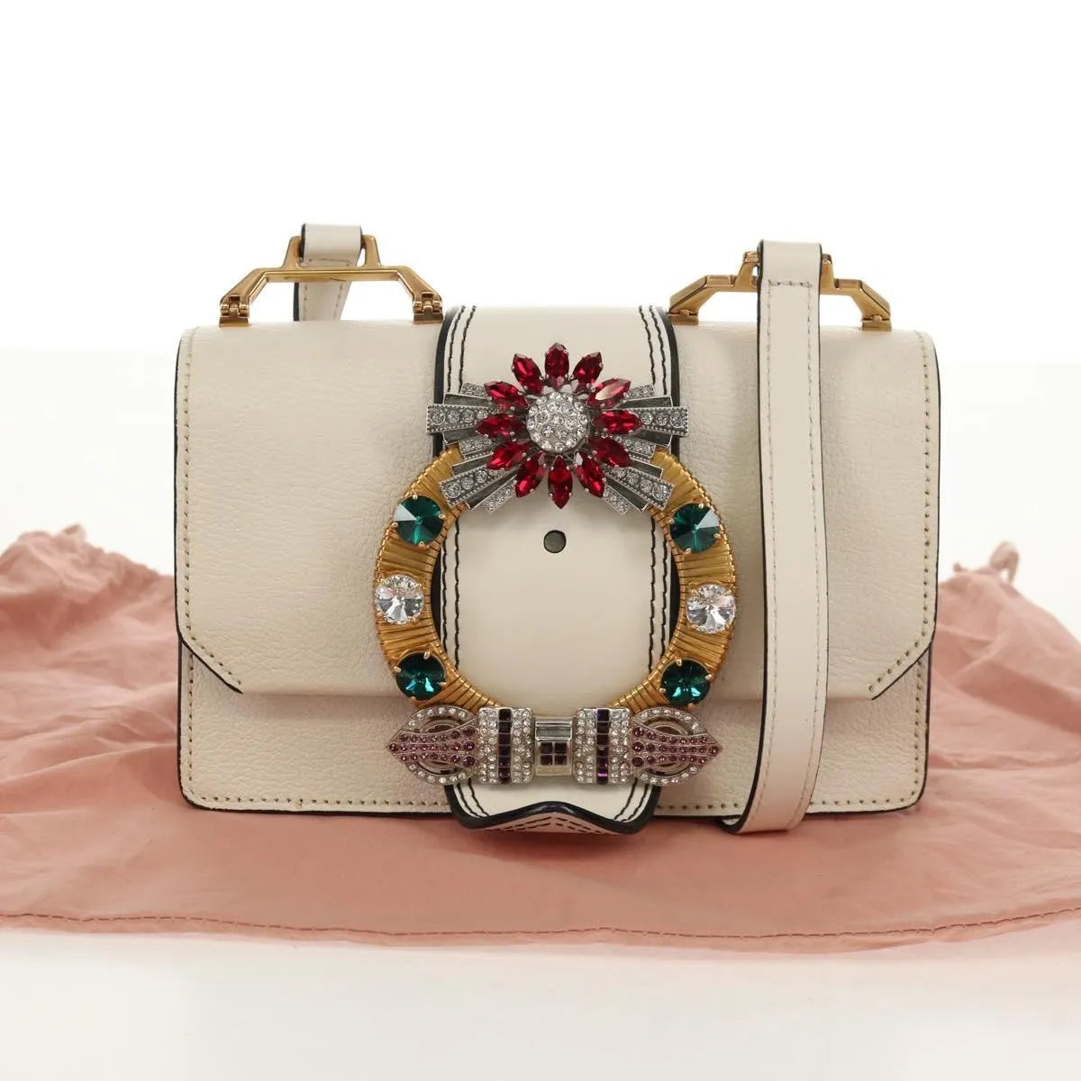 Miu Miu Madras Crystal Buckle Leather, White, Leather, Shoulder Bag