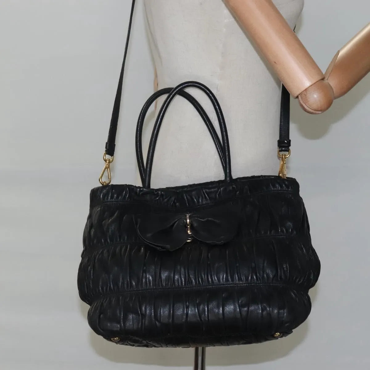 Prada Nappa Gaufre Bow Leather, Black, Leather, Tote Bag