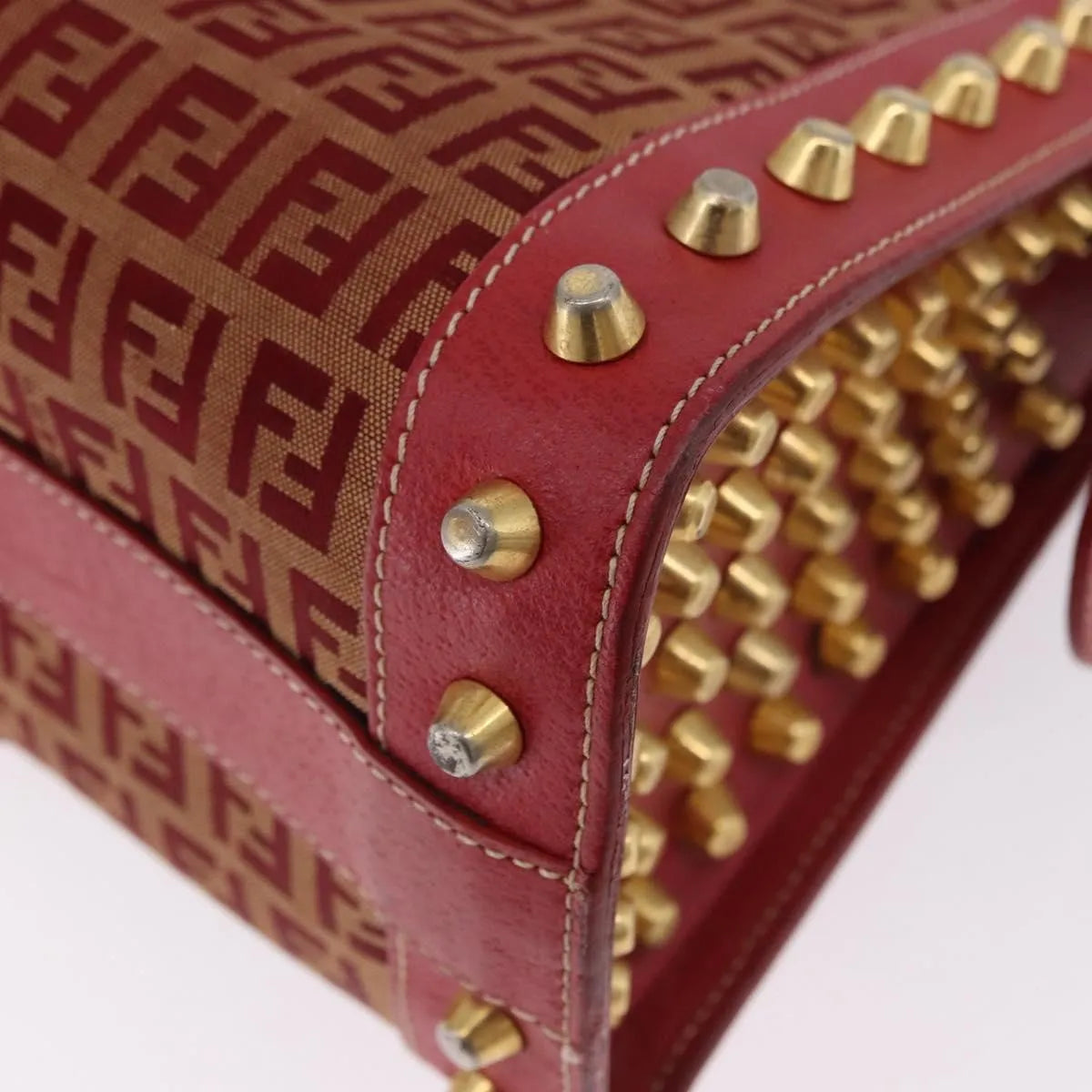 Fendi Studded Handle canvas, Red, Canvas, Handbag