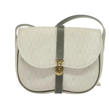Christian Dior Vintage Honeycomb Flap Canvas and Leather, White, Canvas, Shoulder Bag