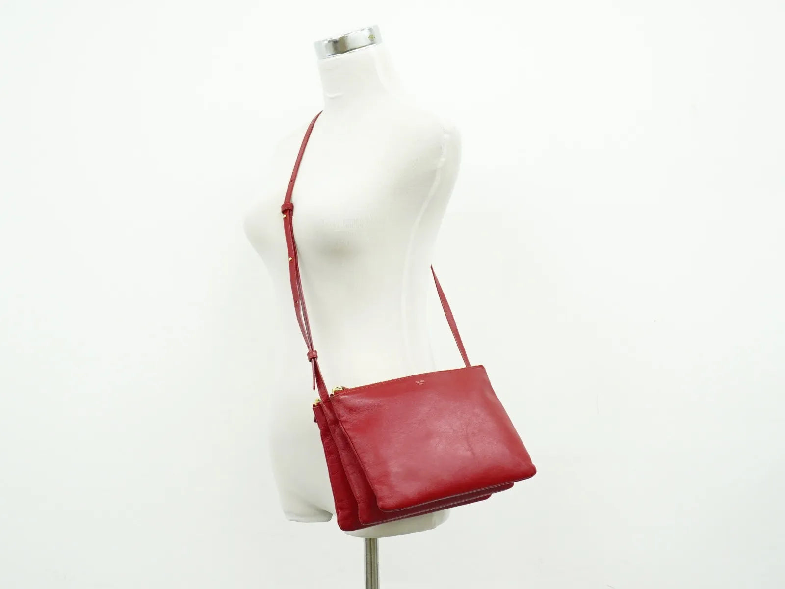 Celine Trio Leather, Red, Leather, Shoulder Bag