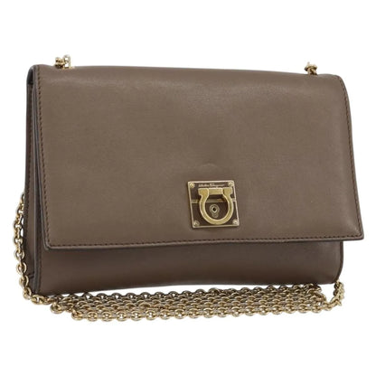 Salvatore Ferragamo Gancini Chain Leather, Gray, Leather, Shoulder Bag