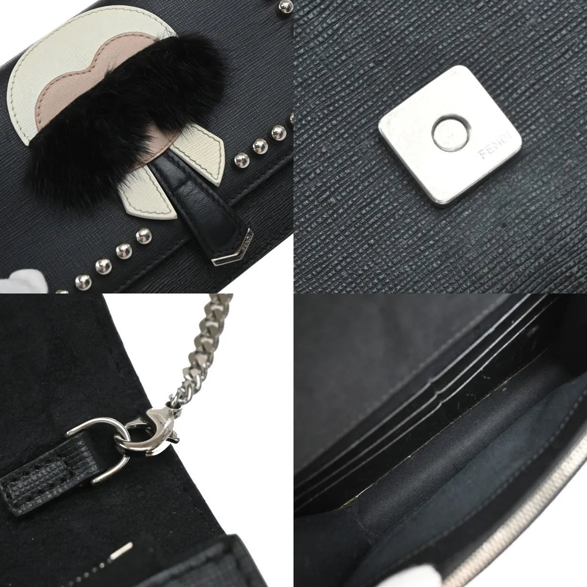 Fendi Karlito Wallet on Chain Studded Saffiano Leather, Black, Leather, Shoulder Bag