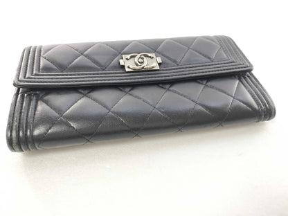 Chanel Boy Flap Quilted Lambskin, Black, Leather, Wallet