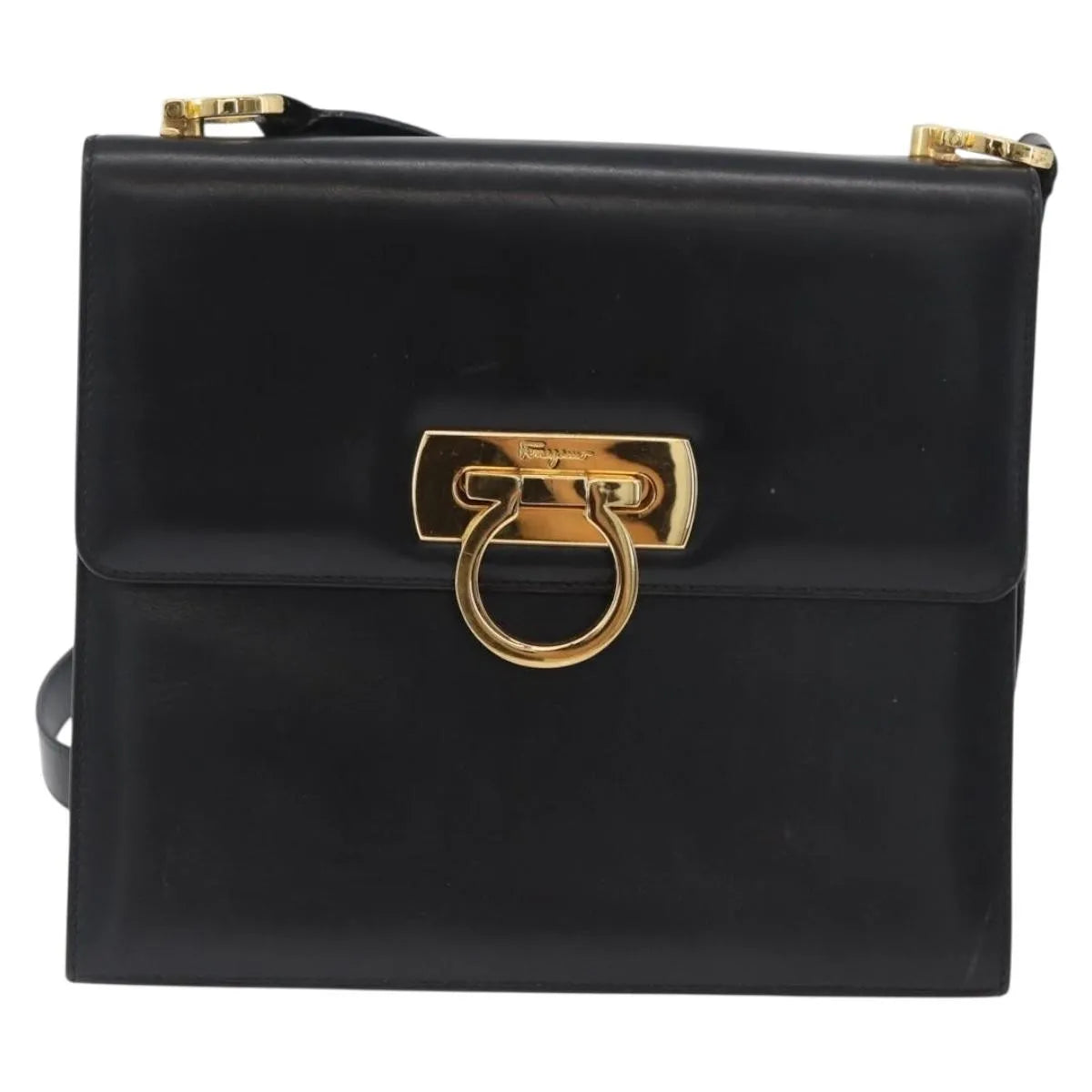 Salvatore Ferragamo Gancini Flap Leather, Black, Leather, Shoulder Bag