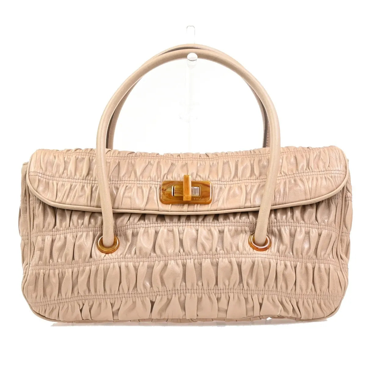 Prada Turnlock Nappa Gaufre, Beige, Leather, Shoulder Bag
