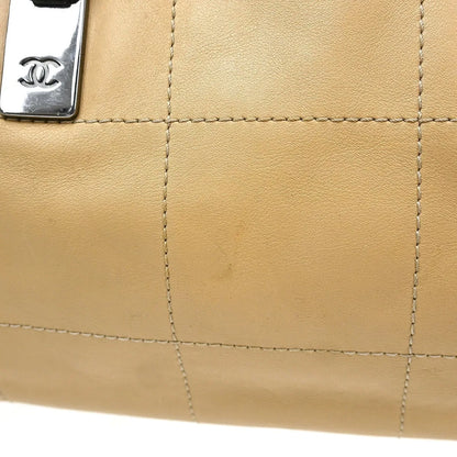 Chanel Square Stitch CC Boston Quilted Leather, Beige, Leather, Handbag