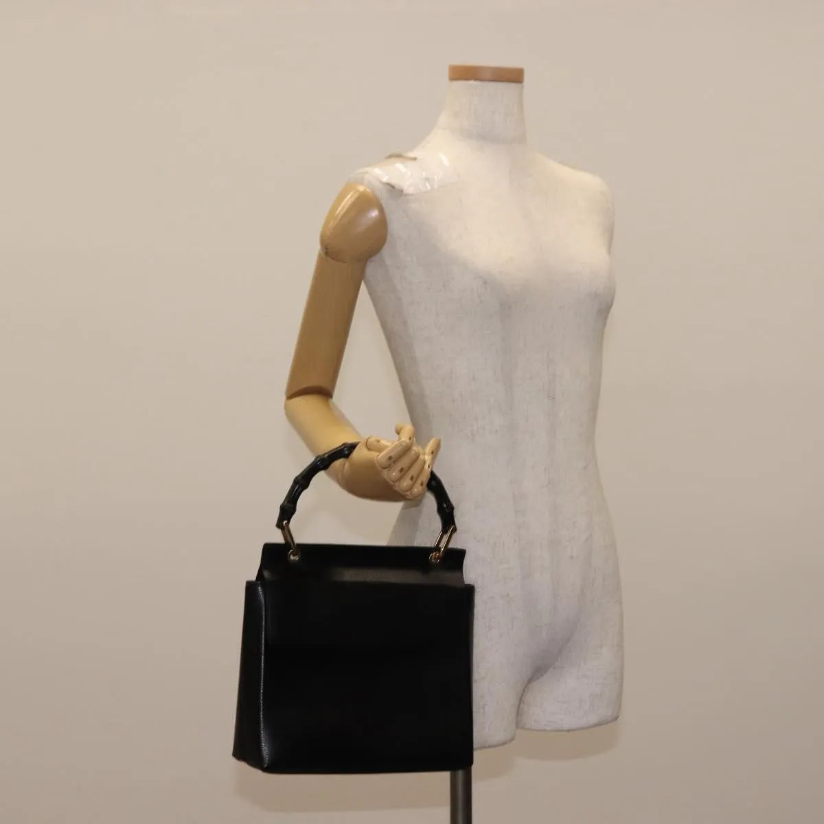 Gucci Vintage Bamboo Handle Leather, Black, Leather, Handbag