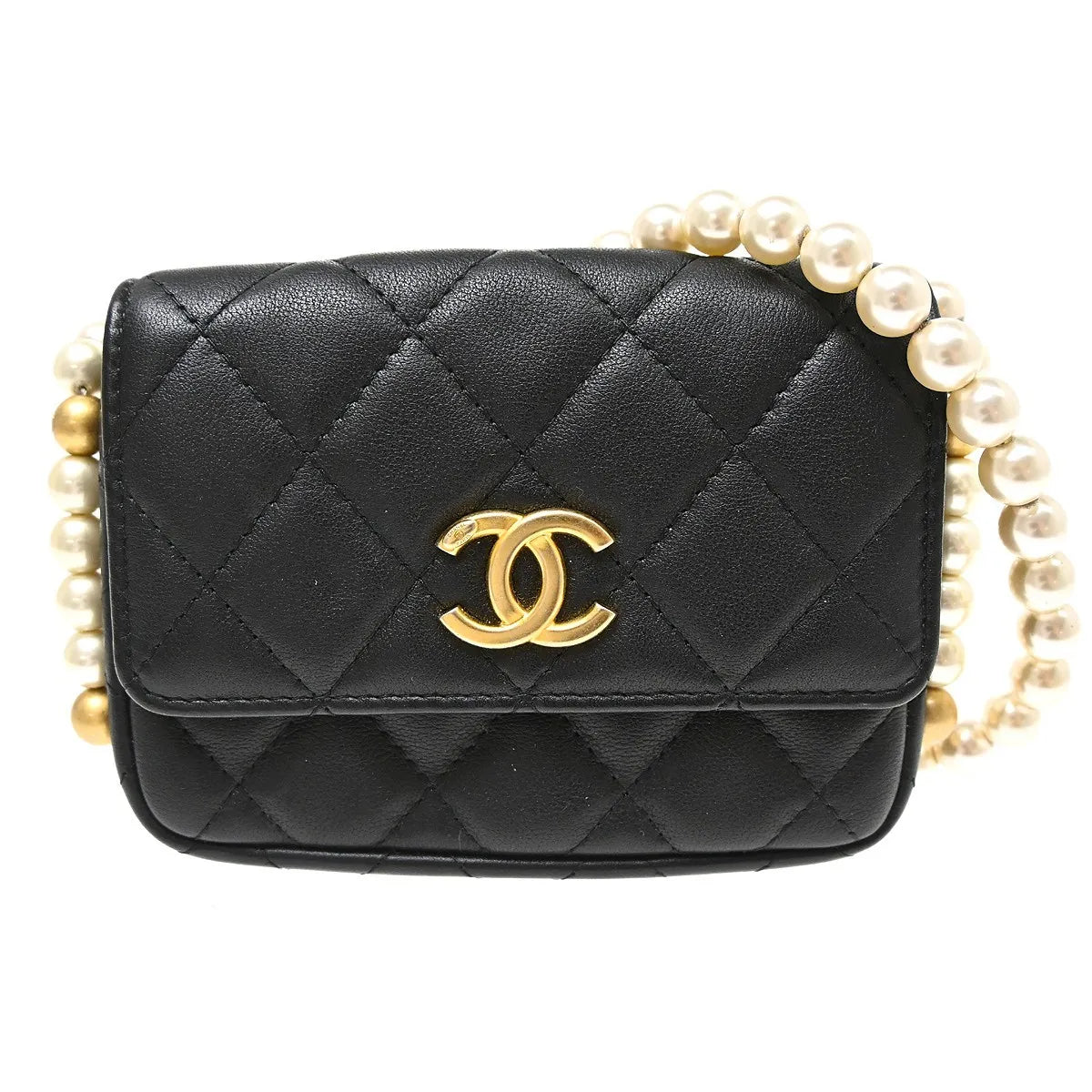 Chanel About Pearls Flap Card Holder with Chain Lambskin, Black, Leather, Shoulder Bag