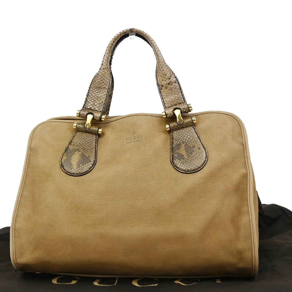 Gucci Twice Satchel Nubuck with Python, Brown, Suede, Handbag