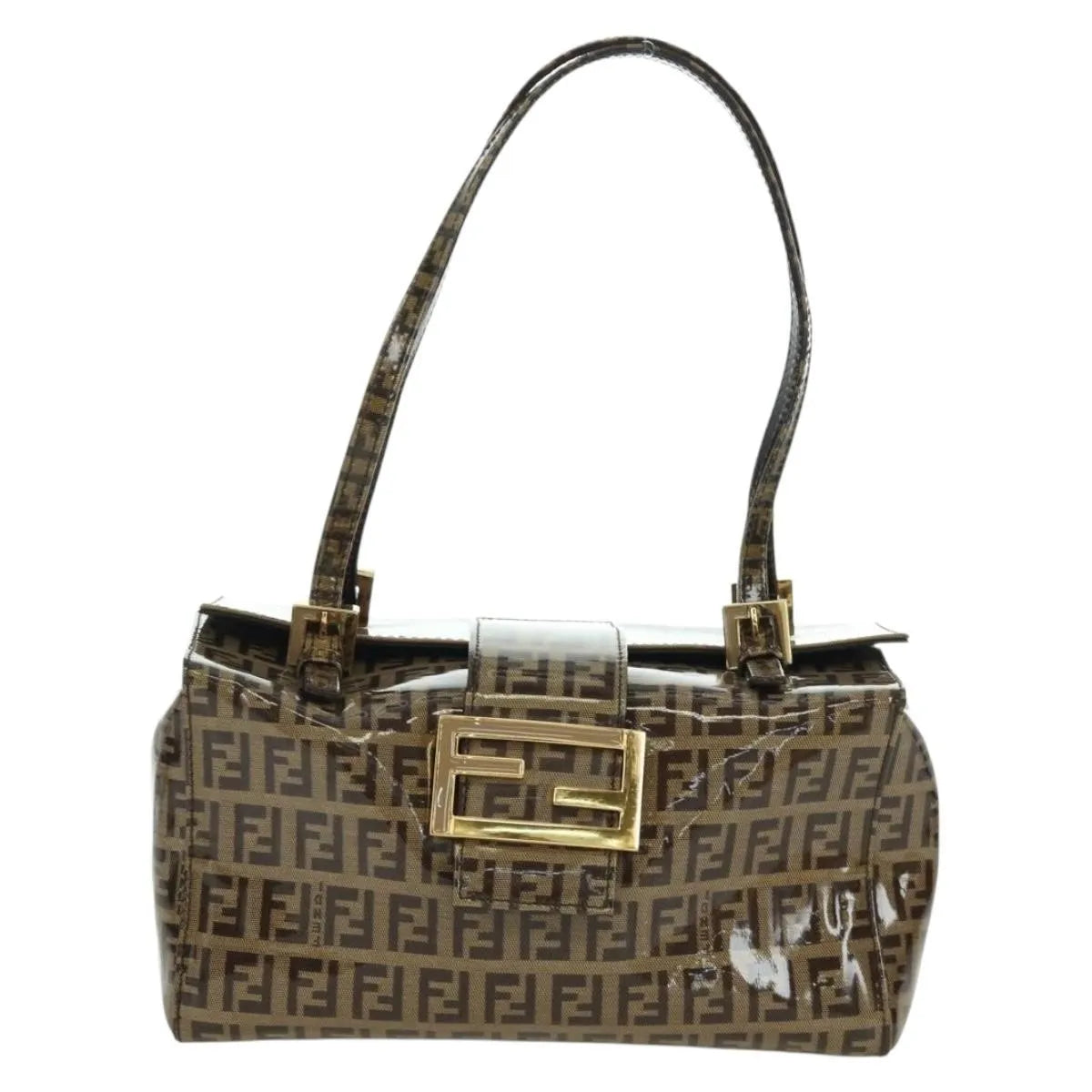 Fendi Mamma Baguette Zucca patent leather, Brown, Canvas, Shoulder Bag