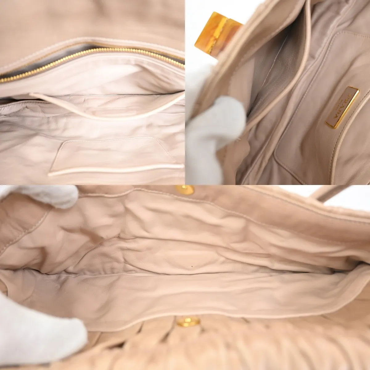 Prada Turnlock Nappa Gaufre, Beige, Leather, Shoulder Bag