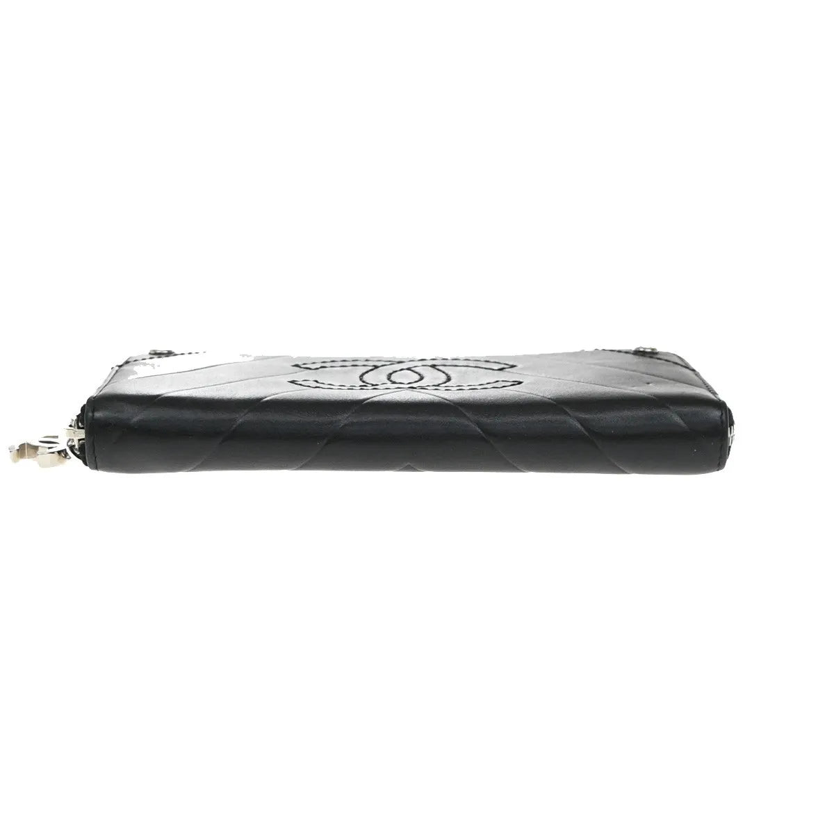 Chanel CC Charm Zip Around Quilted Lambskin, Black, Leather, Wallet