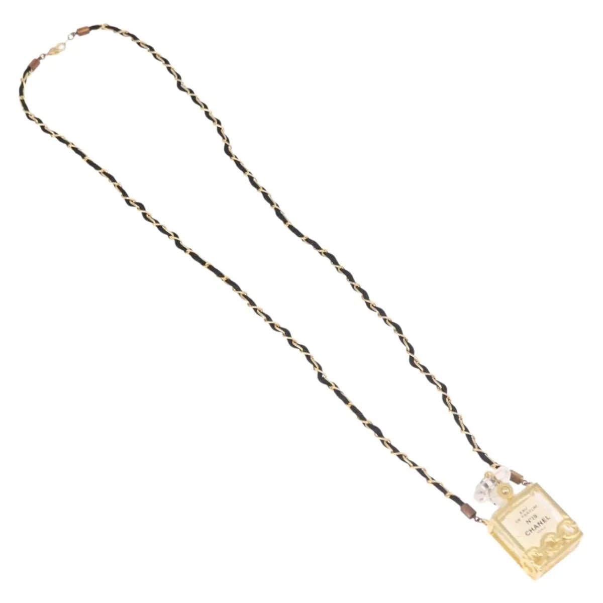 "Chanel CC Perfume Bottle Pendant Chain Long Metal with Leather, Crystals and Faux Pearl", Gold, Metal, Necklace