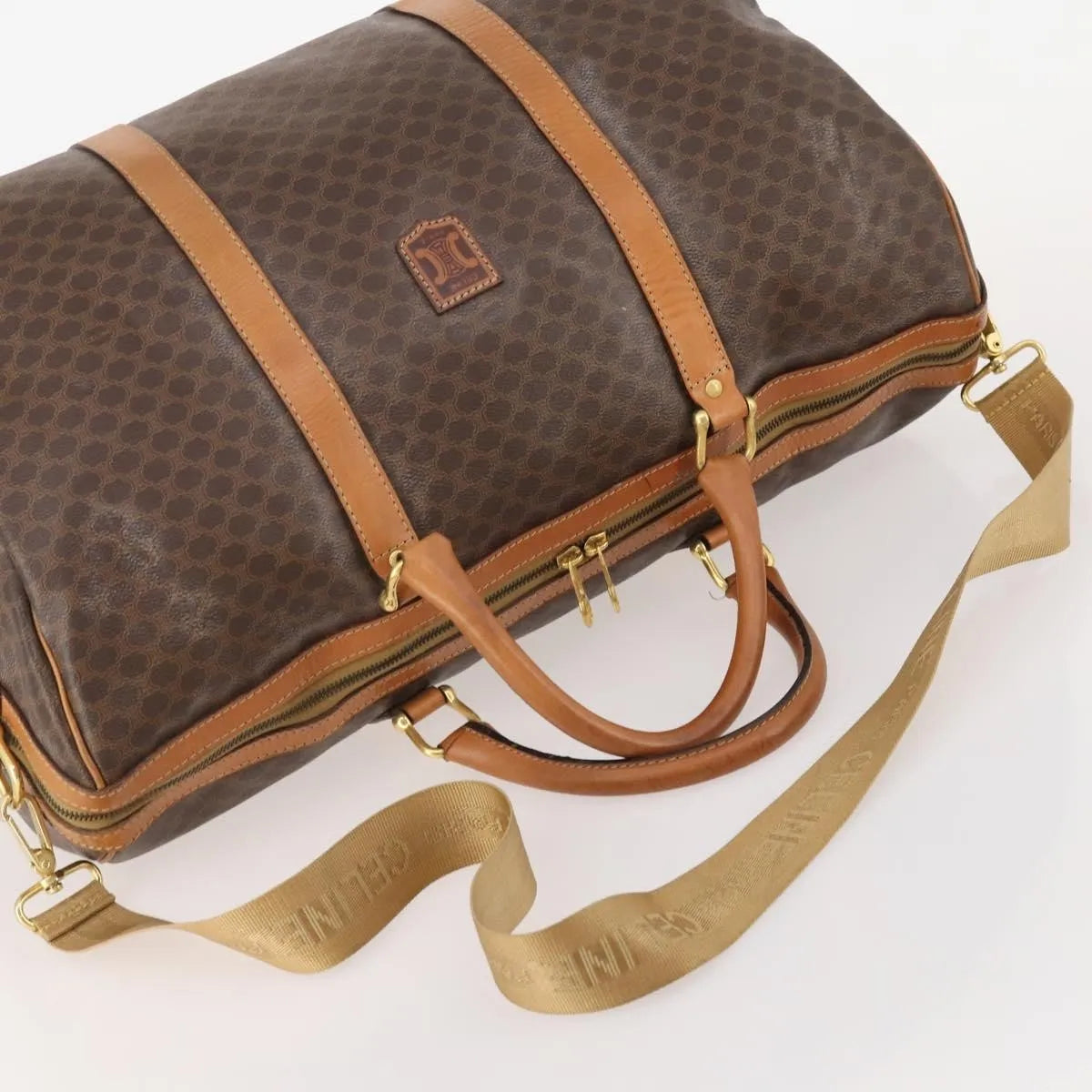 Celine Vintage Duffle Canvas and Leather, Brown, Canvas, Travel Bag