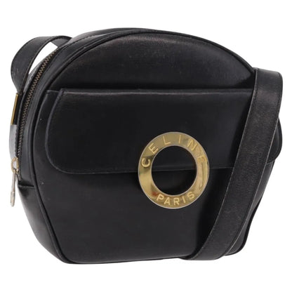 Celine Vintage Circle Logo Leather, Black, Leather, Shoulder Bag
